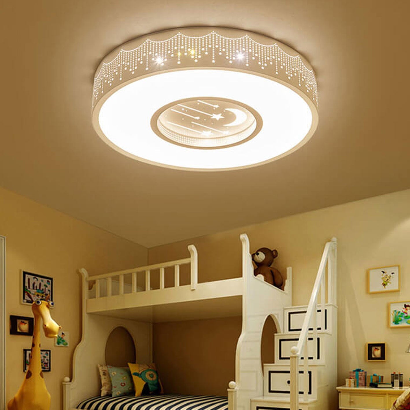 Modern Minimalist Starry Sky Round LED Flush Mount Ceiling Light for Kids Bedroom, Nursery, Playroom, Energy Efficient Kids Lighting, Decorative Star Pattern Ceiling Fixture, Adjustable Brightness, Easy Installation, Soft Warm Light for Child’s Space