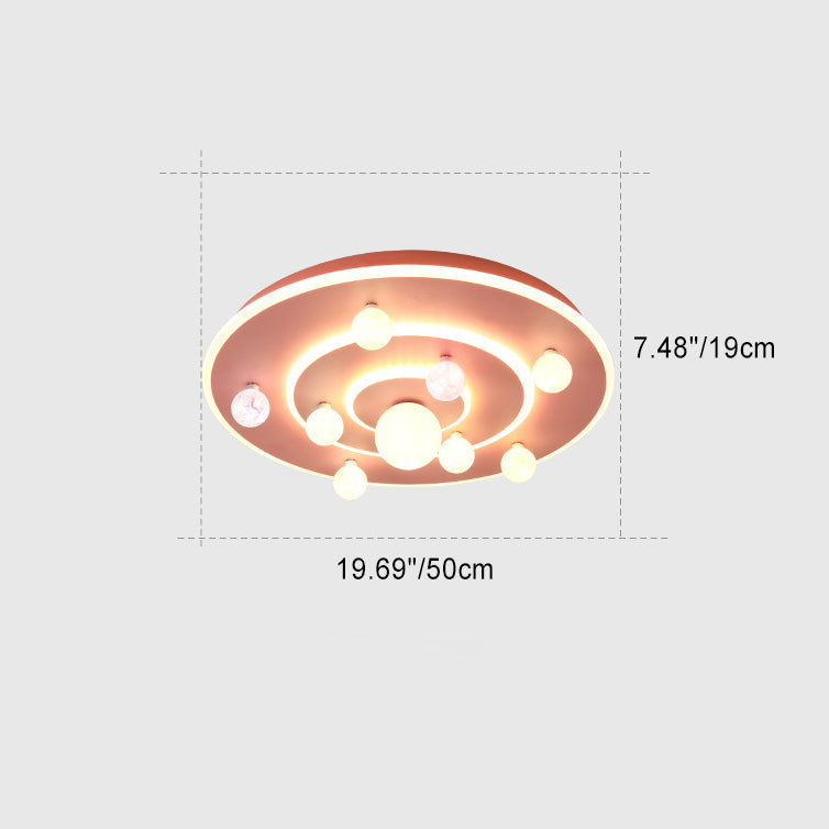 Contemporary Creative Kids Round Planet Iron Acrylic LED Flush Mount Ceiling Light Bedroom Playroom Decoration Childrens Lighting Modern Design Space Theme Ceiling Fixture
