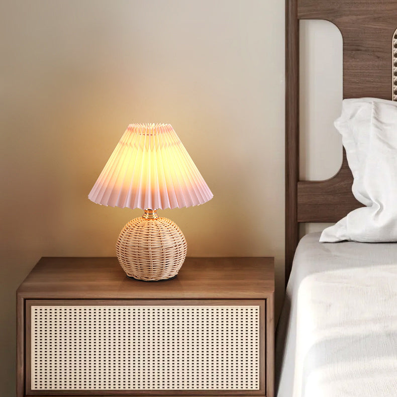 Contemporary Nordic Rattan Fabric Pleated Conic Ball LED Table Lamp Bedroom Decor Modern Lighting Elegant Home Accessories Stylish Bedroom Illumination Eco-Friendly Lighting Design Rustic Chic Table Lamp Warm White Glow Bedroom Aesthetic Sustainable Mater
