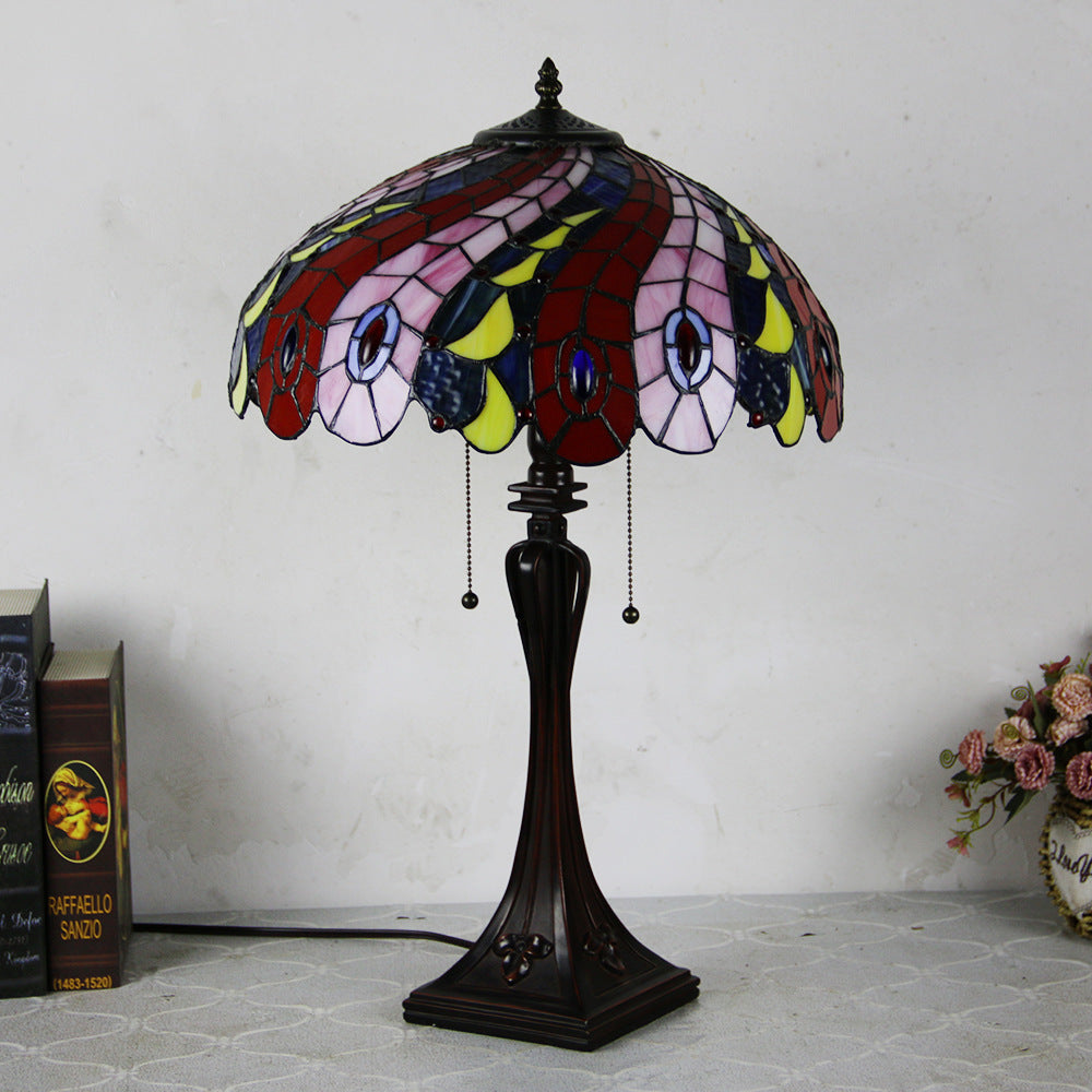 Tiffany Style Stained Glass 2-Light Cone Pull Cord Table Lamp for Bedroom