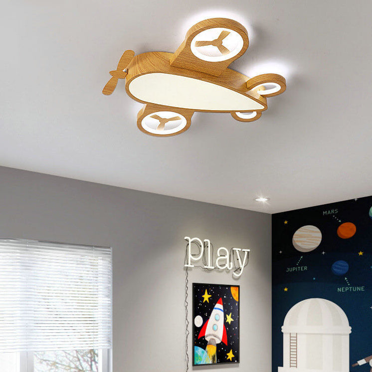 Cartoon Creative Wood Grain Aircraft LED Kids Flush Mount Ceiling Light Baby Nursery Room Decor Boys Girls Ceiling Lamp Kids Bedroom Lighting Childrens Sky Airplane Theme Light Fixtures