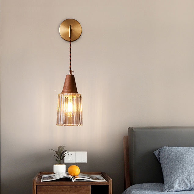Traditional Japanese Walnut Glass Copper Cylinder Wall Sconce Lamp - 1-Light Elegant Lighting Fixture