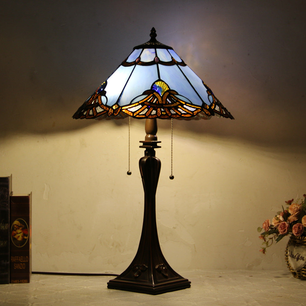 Tiffany Style Stained Glass 2-Light Cone Pull Cord Table Lamp for Bedroom