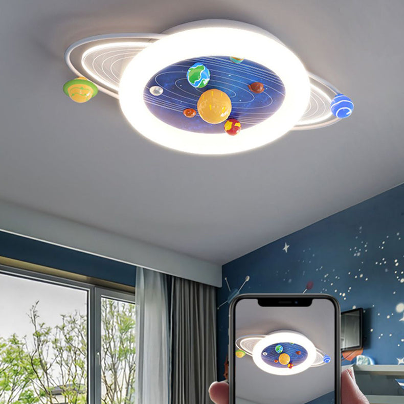 Modern Minimalist Children's Round Planet Iron Resin Acrylic LED Flush Mount Ceiling Light for Bedroom, Nursery Lighting, Kids Room Decor, Space-Themed Fixture, Energy-Efficient LED, Stylish Home Lighting, Contemporary Ceiling Light, Safe For Kids, Adjust