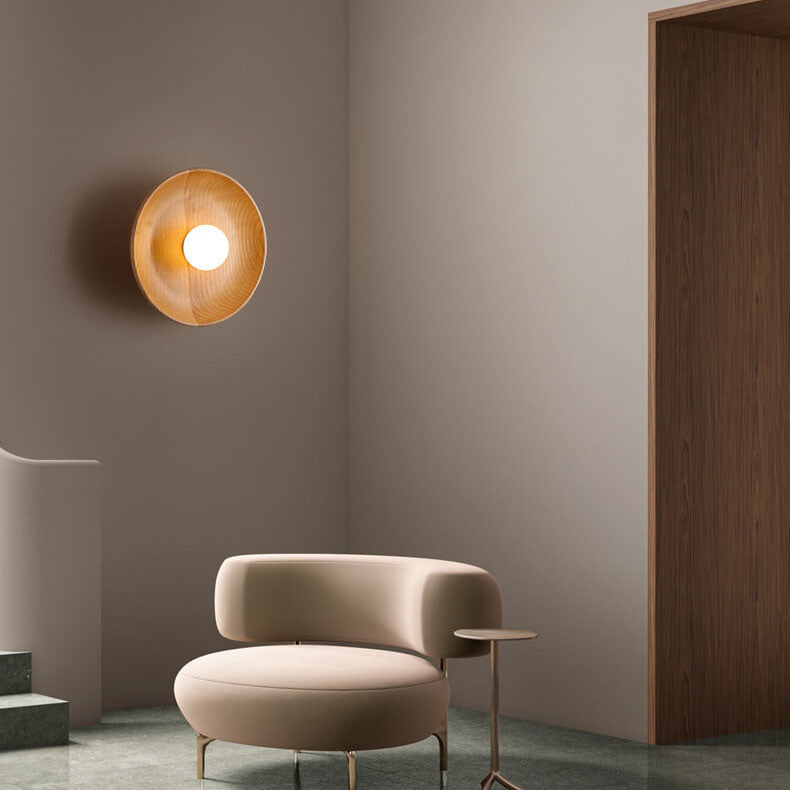 Modern Minimalist Round Wood Wall Sconce Lamp - 1-Light Design, Rustic Home Lighting, Elegant Fixture for Living Room, Bedroom, and Hallway