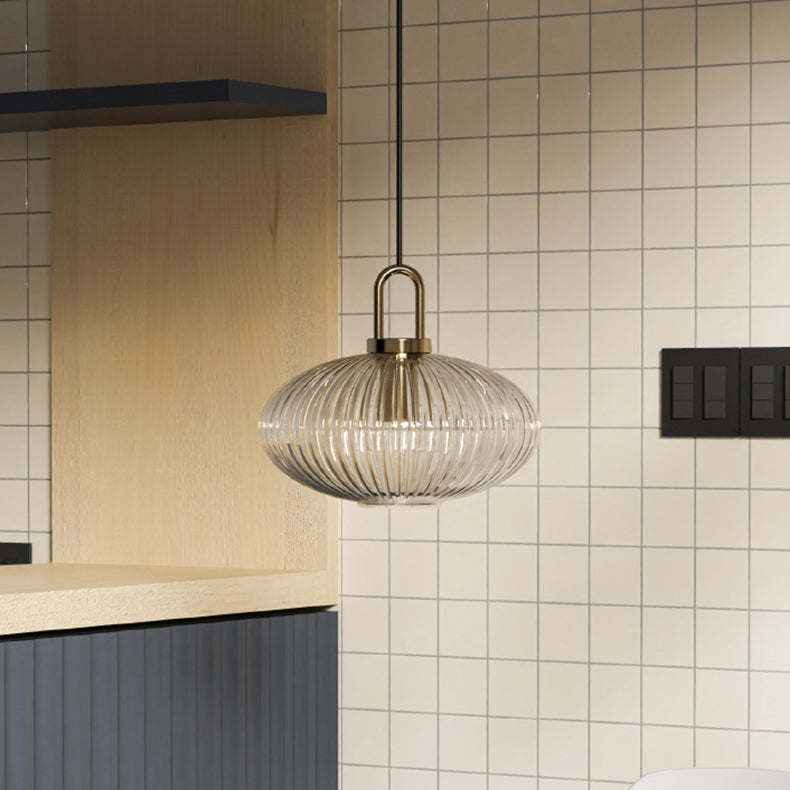 Contemporary Nordic Oval Pumpkin Pendant Light - Striped Glass & Stainless Steel 1-Light for Living Room