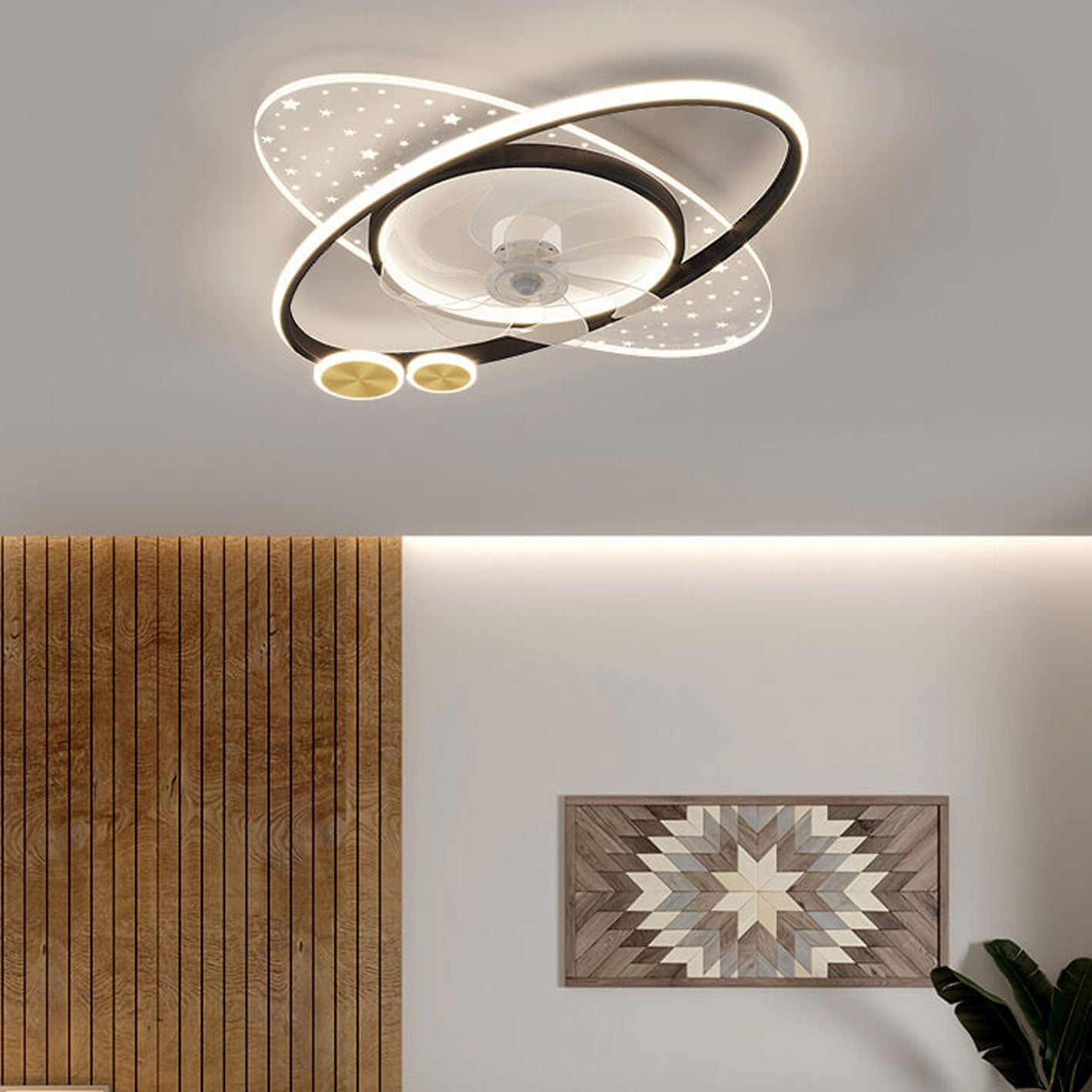 Modern LED Flush Mount Ceiling Fan Light - Creative Planet Star Effect Design, Energy Efficient, Stylish Home Lighting