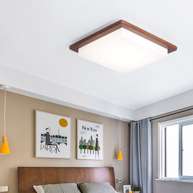 Modern Chinese Walnut Square LED Ceiling Light Fixture