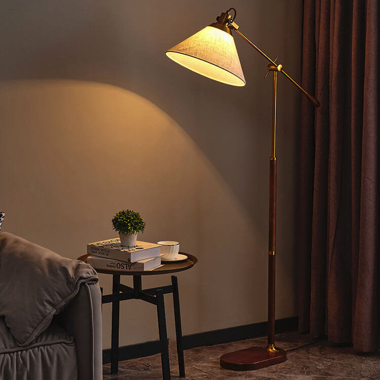 Vintage Fabric Cone Floor Lamp, Metal and Ash Wood, 1-Light for Bedroom