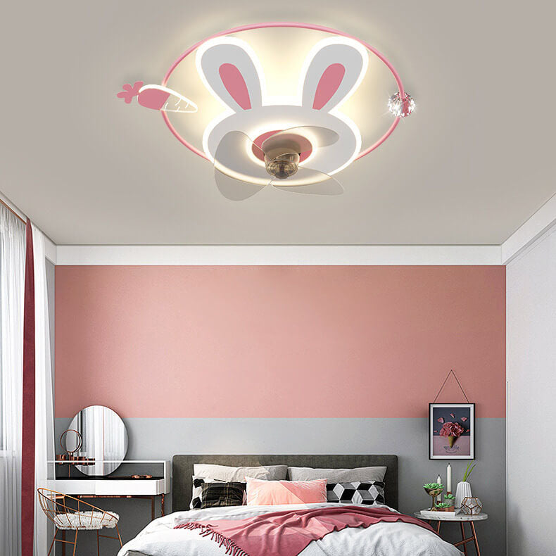 Cartoon Creative Bunny Carrot LED Flush Mount Ceiling Fan Light for Kids Room, Playroom, Nursery, Childrens Ceiling Fan Light Fixture, Cute Bunny Design, Energy Efficient LED Lighting, Adjustable Brightness, Modern Ceiling Fan Light for Kids Decor