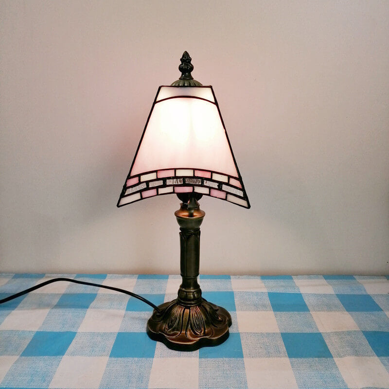 Traditional Tiffany Square Stained Glass Table Lamp - 1-Light Iron Fixture for Bedroom Decor