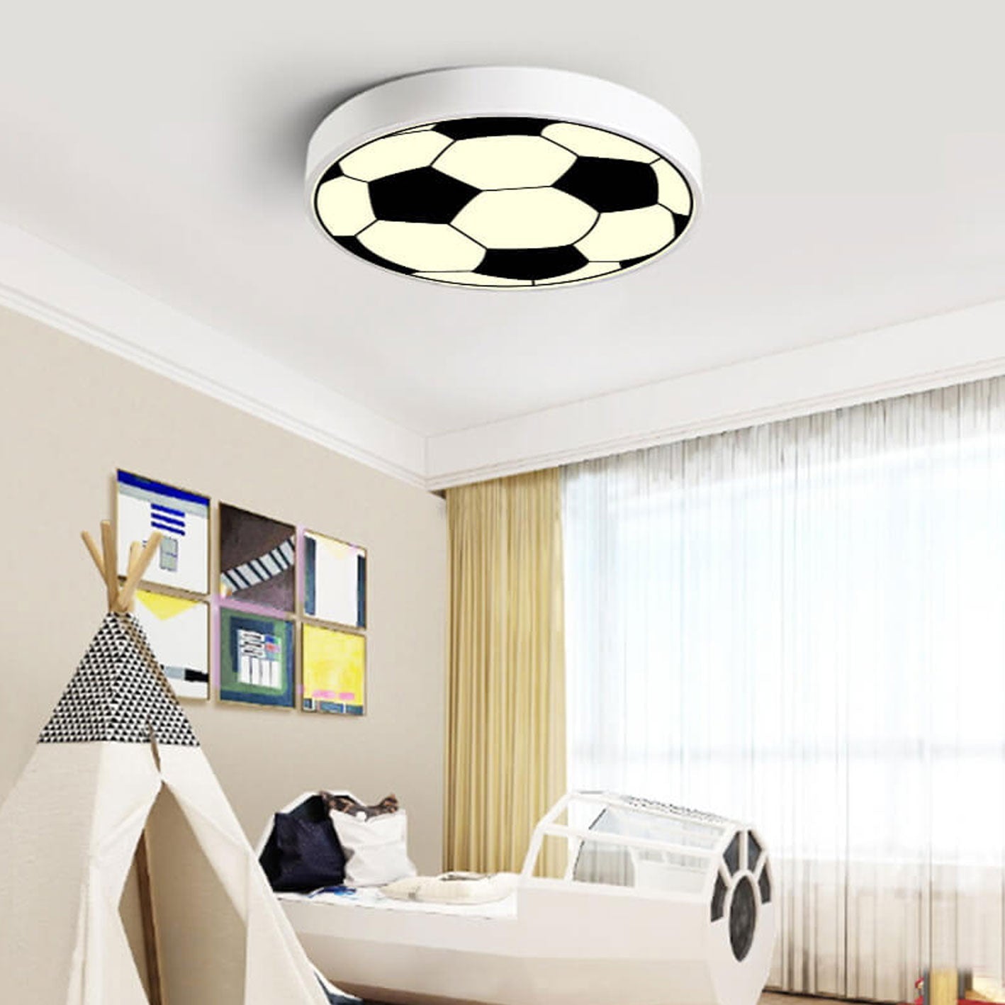 Cartoon Creative Round Football LED Kids Flush Mount Ceiling Light, Sports Room Decor, Children's Bedroom Lighting, Playroom Fixture, Modern Kids Ceiling Lamp, Fun Football Theme Light, Energy Efficient LED Illumination, Cute Kids Room Accessory