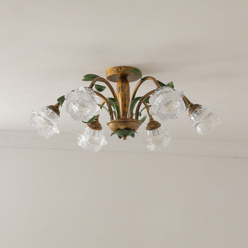 Traditional Rustic Floral Iron Glass Semi-Flush Mount Ceiling Light for Living Room - 6/8/10 Light Options