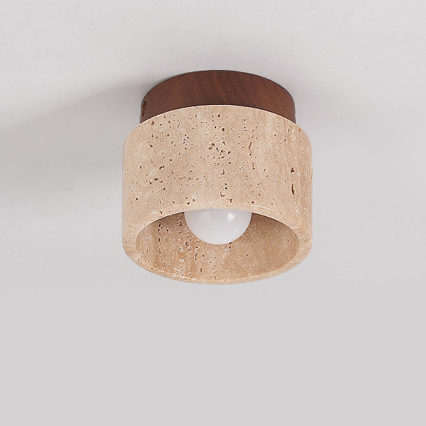 Japanese Wabi-Sabi Yellow Travertine Column Wood Semi-Flush Mount Light