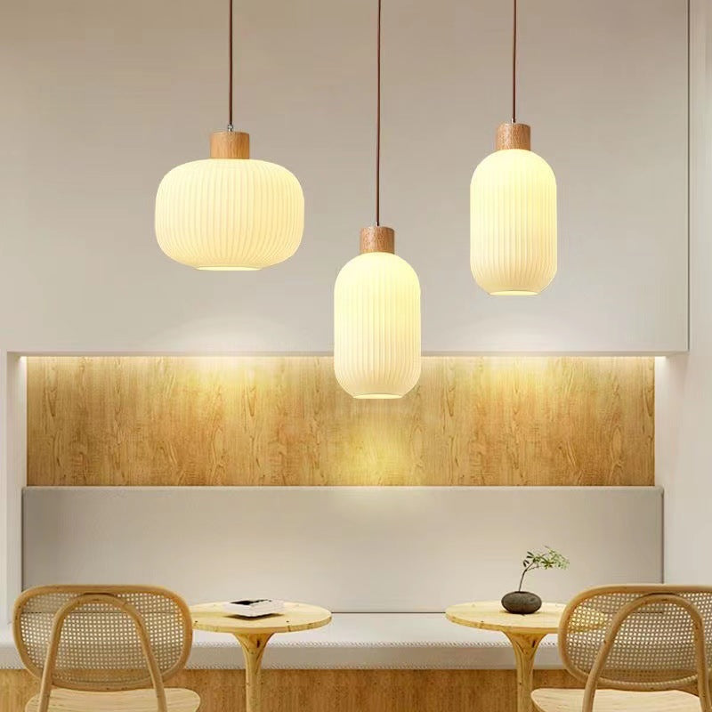Traditional Japanese Solid Wood Strip Glass Jar Pendant Light for Living Room, 1/2/3 Light Island Fixture