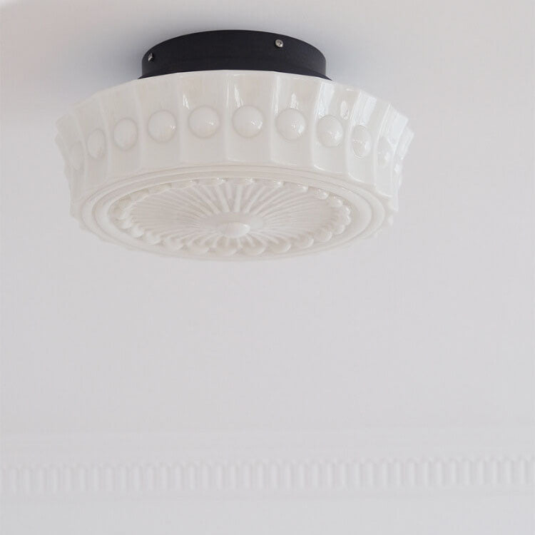 Traditional French Iron Glass Striped Round Drum LED Ceiling Light for Living Room & Bedroom