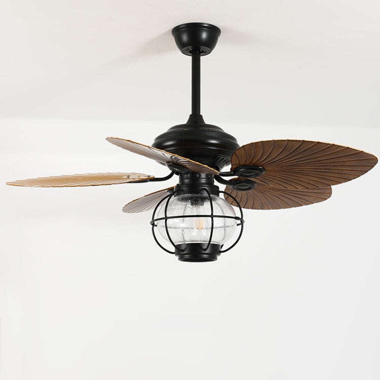 Traditional Rustic Lantern Ceiling Fan Light - Banana Shaped Iron & Glass 1-Light, Downrod Style for Living Room