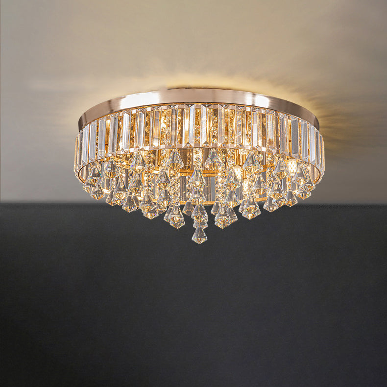 Modern Luxury Round Iron Crystal Beads Flush Mount Ceiling Light 6/9-Light Living Room Fixture