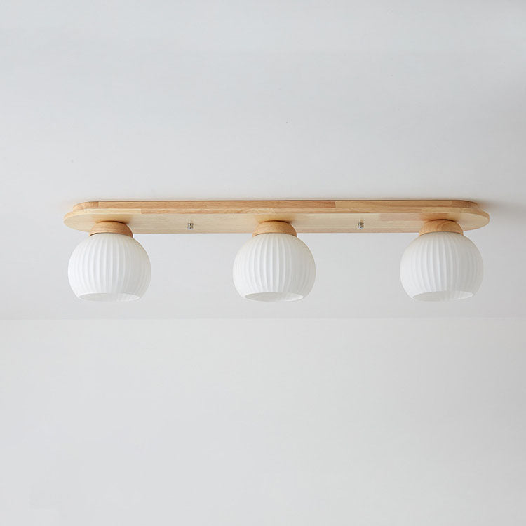 Traditional Japanese Striped Glass Wood Long Plate Flush Mount Ceiling Light