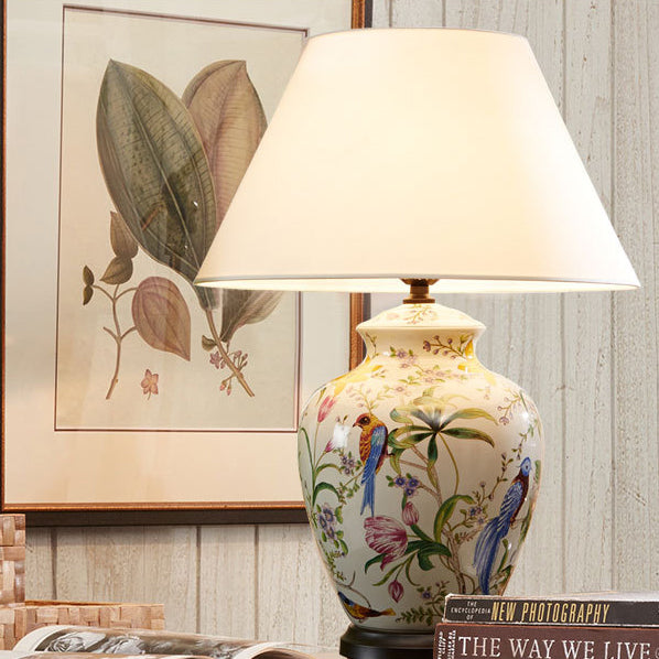 Modern Retro Ceramic Idyllic Flower and Bird 1-Light Table Lamp for Home Decor, Vintage Style Lighting, Bohemian Indoor Accent, Artistic Floral Design, Contemporary Nightstand Light, Unique Gift for Living Room, Bedroom, Office, Handcrafted Ceramic Base,