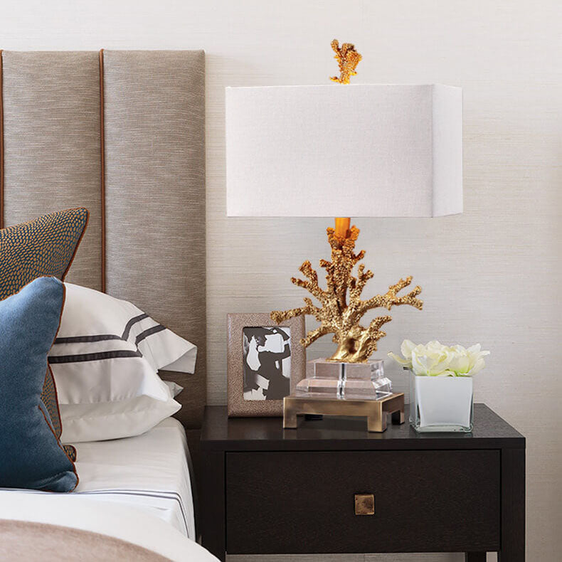 Modern Art Deco Linen Resin Crystal Coral Base 1-Light Table Lamp for Bedroom, Elegant Nightstand Lighting, Contemporary Home Decor, Decorative Bedroom Lighting, Unique Table Lamp Design, Stylish Coral Accent Light, Chic Bedroom Lighting Solution, Art Dec