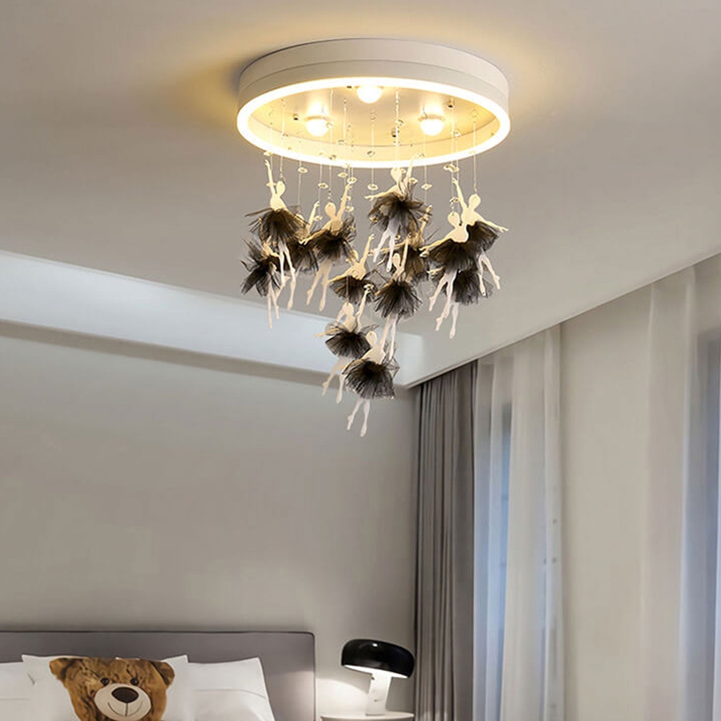 Modern Creative Cartoon Round Bird Skirt Hanging LED Flush Mount Ceiling Light Unique Kids Room Lighting Fixture Colorful Nursery Decor Fun Ceiling Lamp Stylish LED Lighting for Children’s Rooms Downlight Fixture