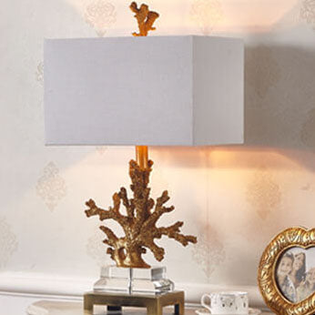 Modern Art Deco Linen Resin Crystal Coral Base 1-Light Table Lamp for Bedroom, Elegant Nightstand Lighting, Contemporary Home Decor, Decorative Bedroom Lighting, Unique Table Lamp Design, Stylish Coral Accent Light, Chic Bedroom Lighting Solution, Art Dec