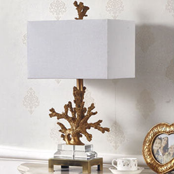 Modern Art Deco Linen Resin Crystal Coral Base 1-Light Table Lamp for Bedroom, Elegant Nightstand Lighting, Contemporary Home Decor, Decorative Bedroom Lighting, Unique Table Lamp Design, Stylish Coral Accent Light, Chic Bedroom Lighting Solution, Art Dec