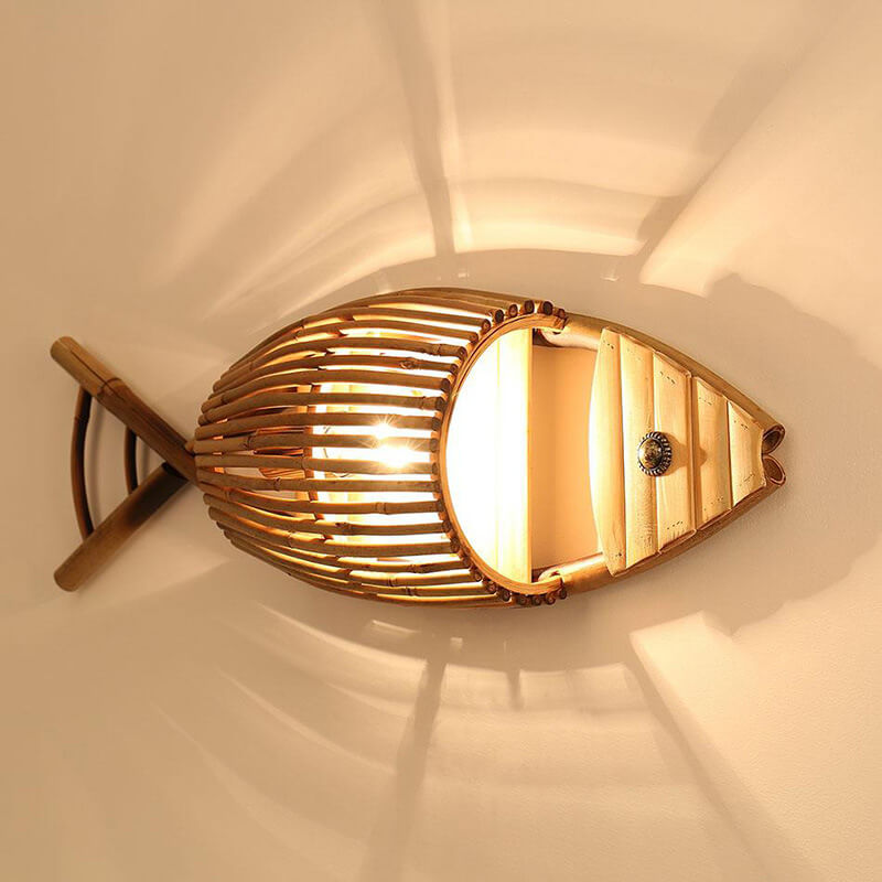 Vintage Bamboo Weaving Fish Wall Sconce Lamp - 1-Light, Rustic Decor, Coastal Home Lighting, Nautical Wall Art