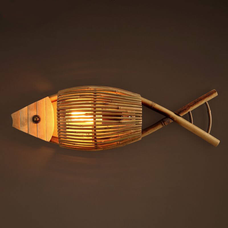 Vintage Bamboo Weaving Fish Wall Sconce Lamp - 1-Light, Rustic Decor, Coastal Home Lighting, Nautical Wall Art