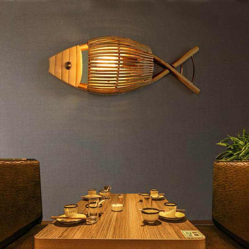 Vintage Bamboo Weaving Fish Wall Sconce Lamp - 1-Light, Rustic Decor, Coastal Home Lighting, Nautical Wall Art