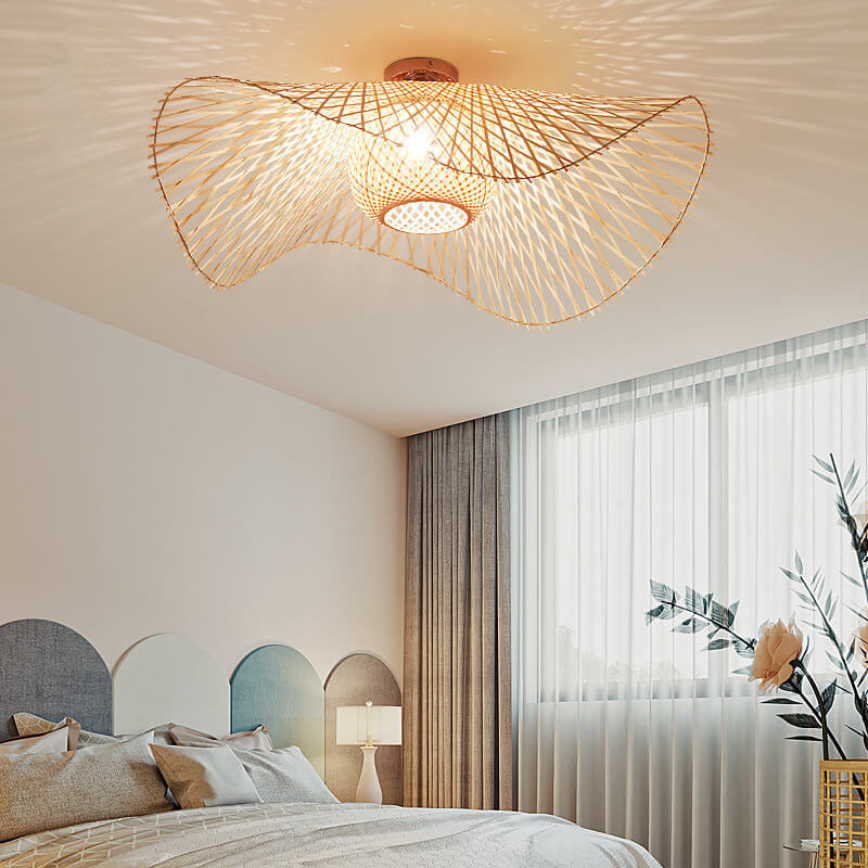 Traditional Japanese Bamboo Weaving 1-Light Semi-Flush Mount Ceiling Light for Bedroom