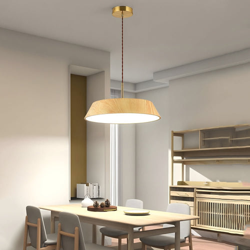 15.74-Inch Round Japanese Style LED Pendant Light – Modern Wood Fixture for Home Decor