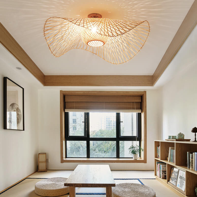 Traditional Japanese Bamboo Weaving 1-Light Semi-Flush Mount Ceiling Light for Bedroom