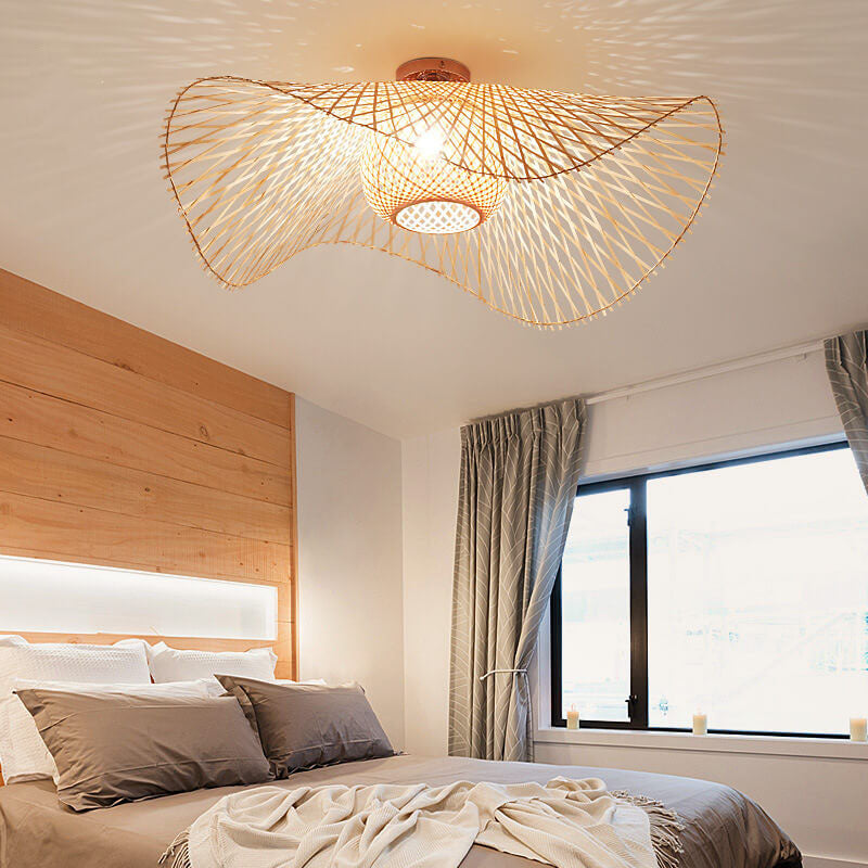 Traditional Japanese Bamboo Weaving 1-Light Semi-Flush Mount Ceiling Light for Bedroom