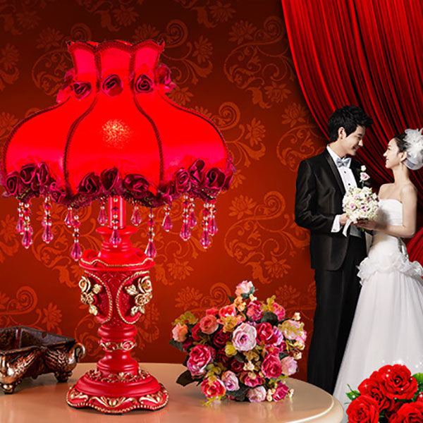 European Wedding Red Fabric Tassel Lamp - 1-Light Resin Table Lamp for Home Decor