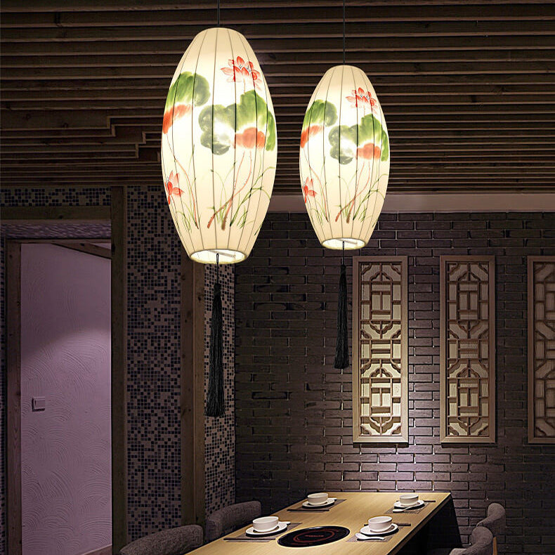 Oriental Antique Handmade Oval Lantern Pendant Light - 1-Light Fabric Fixture