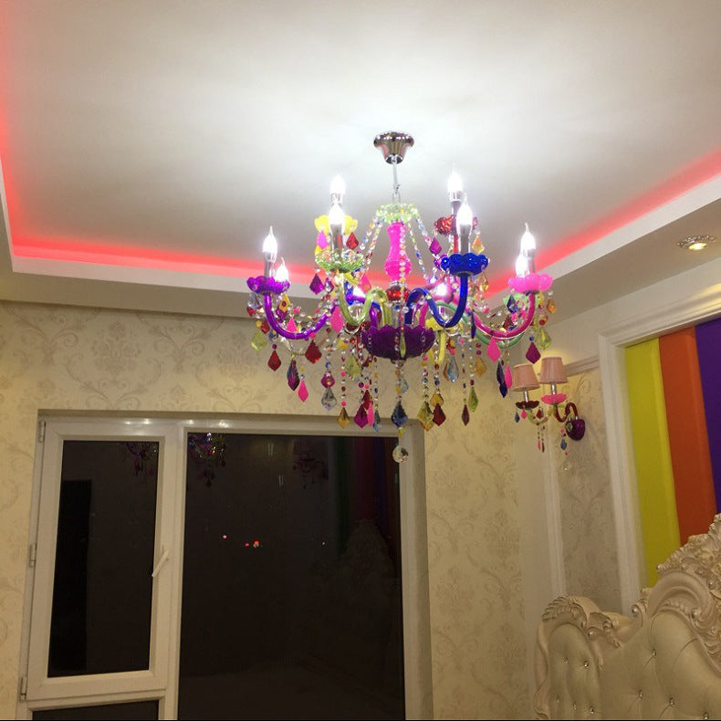 Traditional European 6-Light Glass Crystal Metal Fabric Chandeliers for Living Room