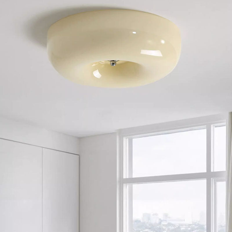 Contemporary Nordic Creamy Yellow Pudding Glass Shade Iron LED Flush Mount Ceiling Light