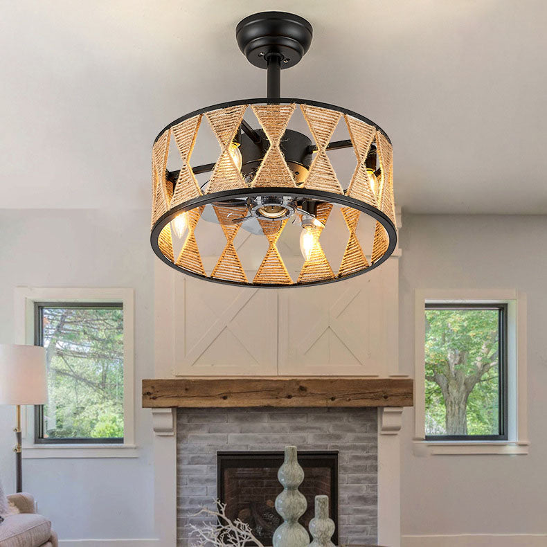 Industrial Hemp Rope Cylinder 4-Light Ceiling Fan Fixture