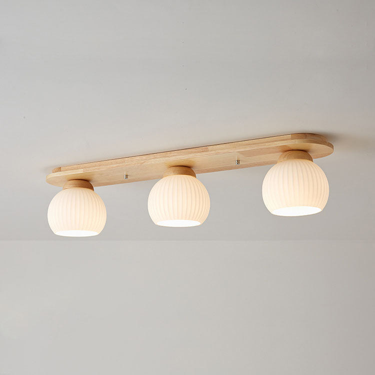 Traditional Japanese Striped Glass Wood Long Plate Flush Mount Ceiling Light