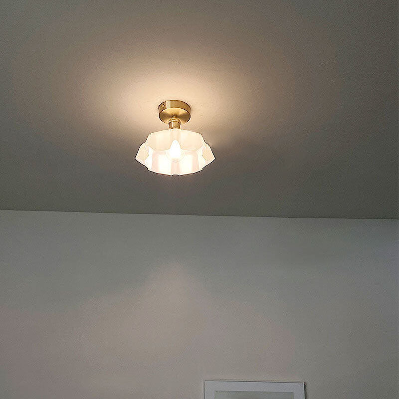 Japanese Vintage Cream Glass Floral Brass Semi-Flush Mount Ceiling Light
