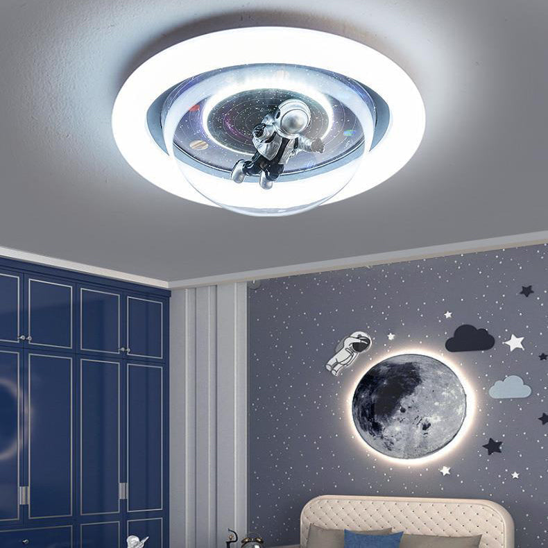 Contemporary Cartoon Planet Resin Astronaut Acrylic Round Shade LED Kids Flush Mount Ceiling Light for Bedroom, Nursery Ceiling Fixture, Space Theme Room Decor, Childrens Lighting, Modern Kids Bedroom Illumination, Fun Astronaut Design, Colorful Space Adv