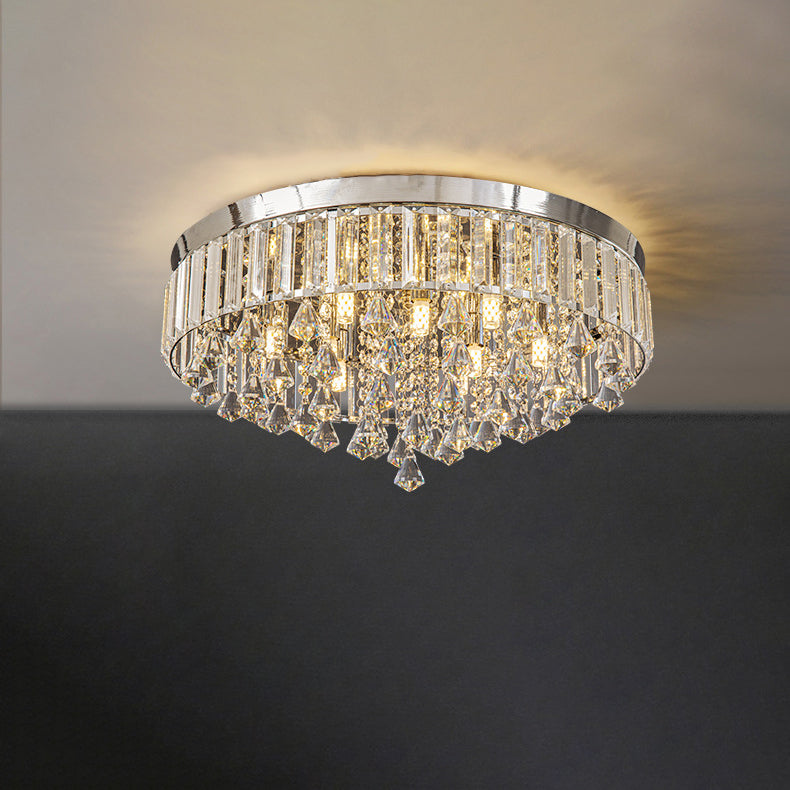 Modern Luxury Round Iron Crystal Beads Flush Mount Ceiling Light 6/9-Light Living Room Fixture