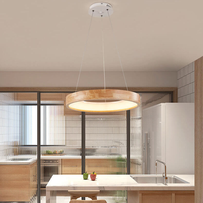 Japanese Simplicity Log Circle Island Light LED Chandelier - Modern Minimalist Lighting Fixture for Kitchen and Dining Rooms, Energy Efficient Design, Adjustable Height, Warm White Illumination