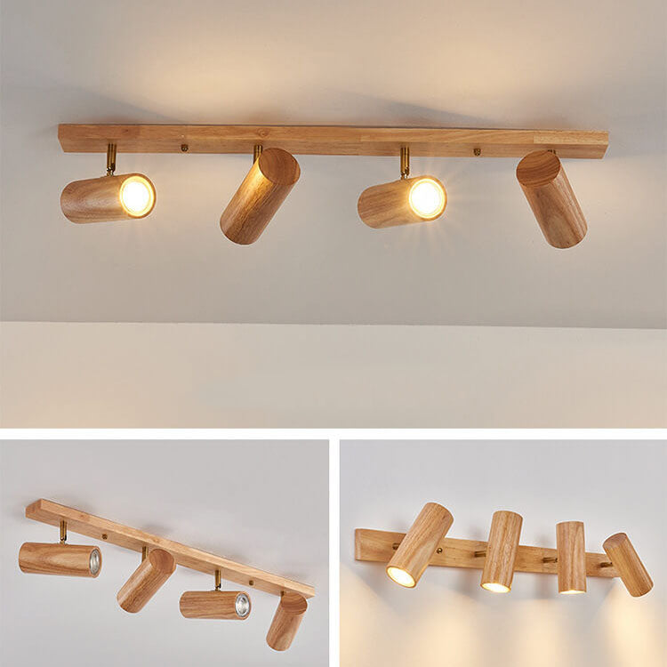 Japanese Minimalist Solid Wood Spotlight Track Ceiling Light - 1/3/4 Light Flush Mount