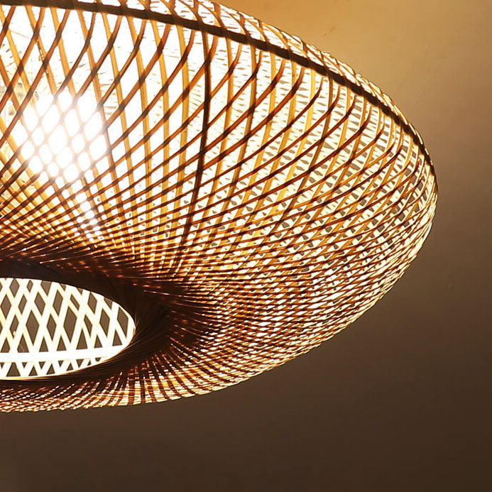 Traditional Japanese Bamboo Weaving Flying Saucer 3-Light Semi-Flush Mount Bedroom Light