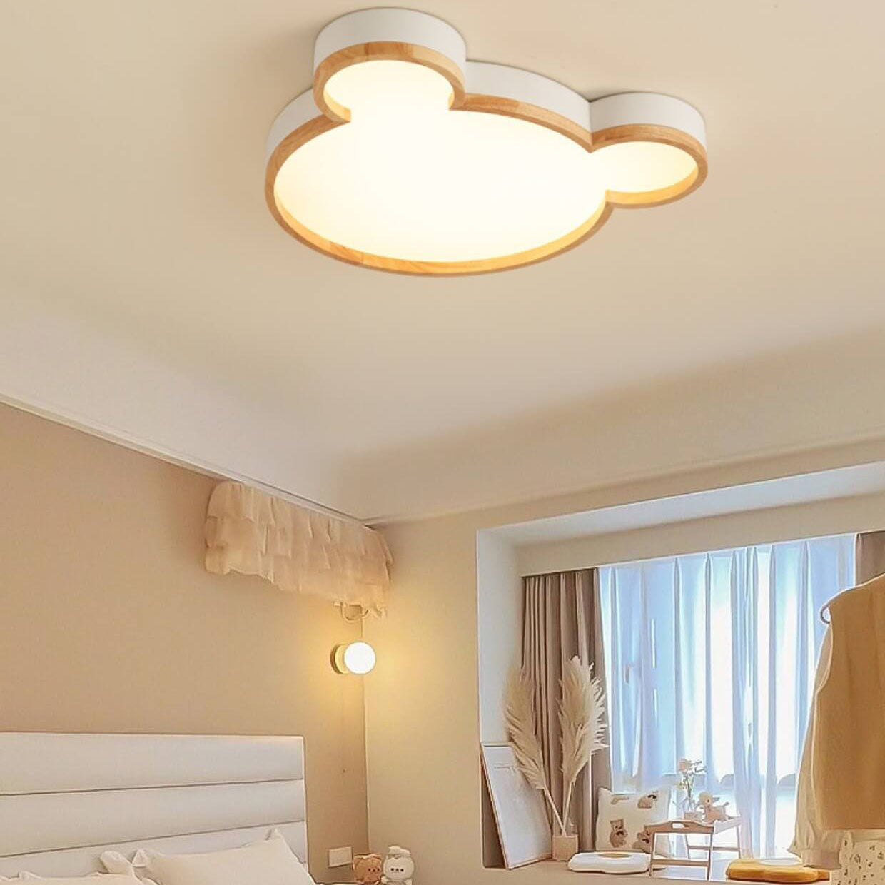 Nordic Wood Bear Shape LED Kids Flush Mount Ceiling Light | Cute Animal Nursery Lighting | Child Room Ceiling Fixture | Playful Bear Decor | Stylish Kids Bedroom Lighting | Soft Glow Illumination for Kids | Whimsical Flush Mount Light for Playroom | Eco-F