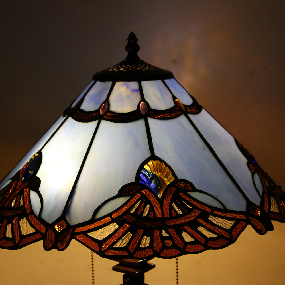 Tiffany Style Stained Glass 2-Light Cone Pull Cord Table Lamp for Bedroom