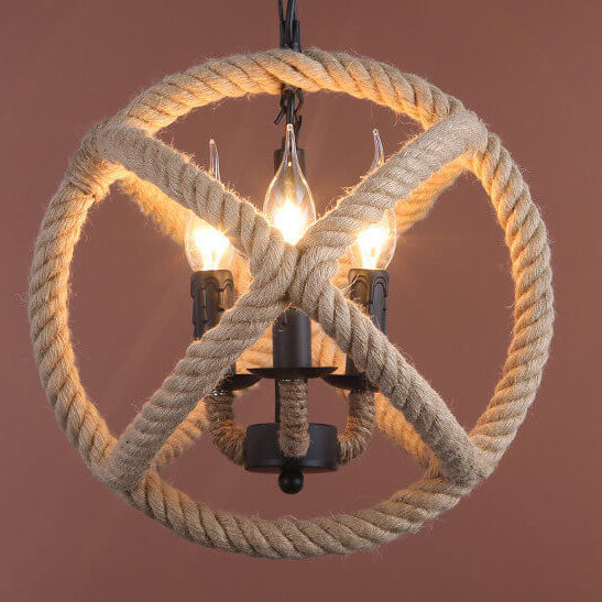 Industrial Hemp Rope Ball 3-Light Candle Chandelier - Rustic Home Decor, Vintage Lighting, Eco-Friendly Design, Boho Style Illumination